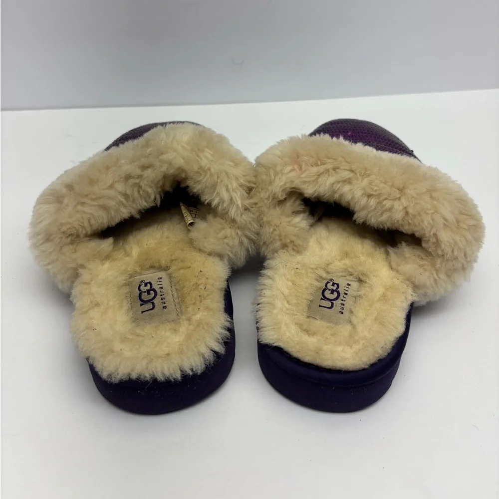Ugg Sparkling Purple Sequin Faux-Fur Slippers, size 4 big girl, box 29